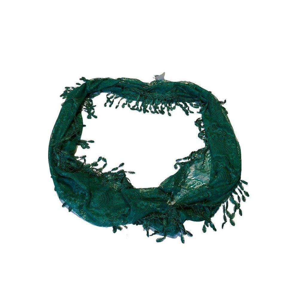 Women’s Infinity Emerald Green Leaf Thin Crochet Boho Wrap Fringe Scarf 28x14”
